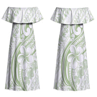 Hawaii Plumeria Lokelani Pikake Lei Family Matching Off Shoulder Maxi Dress and Hawaiian Shirt Oma'oma'o Polynesian Tattoo LT9 Mom's Dress Green - Polynesian Pride