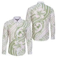 Hawaii Plumeria Lokelani Pikake Lei Family Matching Off Shoulder Maxi Dress and Hawaiian Shirt Oma'oma'o Polynesian Tattoo LT9 Dad's Shirt - Long Sleeve Green - Polynesian Pride