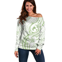 Hawaii Plumeria Lokelani Pikake Lei Off Shoulder Sweater Oma'oma'o Polynesian Tattoo LT9 Women Green - Polynesian Pride