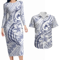 Hawaii Plumeria Lokelani Pikake Lei Couples Matching Long Sleeve Bodycon Dress and Hawaiian Shirt Navy Blue Polynesian Tattoo LT9 Navy Blue - Polynesian Pride