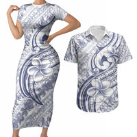 Hawaii Plumeria Lokelani Pikake Lei Couples Matching Short Sleeve Bodycon Dress and Hawaiian Shirt Navy Blue Polynesian Tattoo LT9 Navy Blue - Polynesian Pride