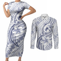 Hawaii Plumeria Lokelani Pikake Lei Couples Matching Short Sleeve Bodycon Dress and Long Sleeve Button Shirt Navy Blue Polynesian Tattoo LT9 Navy Blue - Polynesian Pride