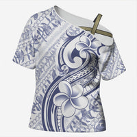 Hawaii Plumeria Lokelani Pikake Lei Cross Shoulder Shirt Navy Blue Polynesian Tattoo LT9 Female Navy Blue - Polynesian Pride