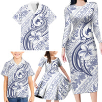 Hawaii Plumeria Lokelani Pikake Lei Family Matching Long Sleeve Bodycon Dress and Hawaiian Shirt Navy Blue Polynesian Tattoo