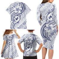 Hawaii Plumeria Lokelani Pikake Lei Family Matching Long Sleeve Bodycon Dress and Hawaiian Shirt Navy Blue Polynesian Tattoo LT9 Mom's Dress Navy Blue - Polynesian Pride