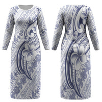 Hawaii Plumeria Lokelani Pikake Lei Family Matching Long Sleeve Bodycon Dress and Hawaiian Shirt Navy Blue Polynesian Tattoo LT9 Mom's Dress Navy Blue - Polynesian Pride