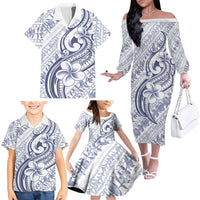 Hawaii Plumeria Lokelani Pikake Lei Family Matching Off The Shoulder Long Sleeve Dress and Hawaiian Shirt Navy Blue Polynesian Tattoo LT9 - Polynesian Pride