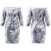 Hawaii Plumeria Lokelani Pikake Lei Family Matching Off The Shoulder Long Sleeve Dress and Hawaiian Shirt Navy Blue Polynesian Tattoo LT9 Mom's Dress Navy Blue - Polynesian Pride