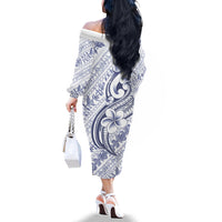 Hawaii Plumeria Lokelani Pikake Lei Family Matching Off The Shoulder Long Sleeve Dress and Hawaiian Shirt Navy Blue Polynesian Tattoo