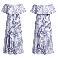 Hawaii Plumeria Lokelani Pikake Lei Family Matching Off Shoulder Maxi Dress and Hawaiian Shirt Navy Blue Polynesian Tattoo LT9 Mom's Dress Navy Blue - Polynesian Pride