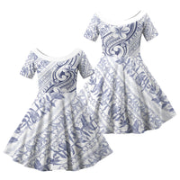 Hawaii Plumeria Lokelani Pikake Lei Family Matching Off Shoulder Maxi Dress and Hawaiian Shirt Navy Blue Polynesian Tattoo LT9 Daughter's Dress Navy Blue - Polynesian Pride