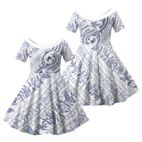 Hawaii Plumeria Lokelani Pikake Lei Family Matching Off Shoulder Maxi Dress and Hawaiian Shirt Navy Blue Polynesian Tattoo LT9 Daughter's Dress Navy Blue - Polynesian Pride