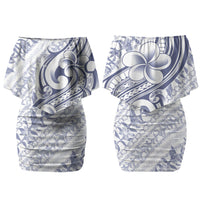 Hawaii Plumeria Lokelani Pikake Lei Family Matching Off Shoulder Short Dress and Hawaiian Shirt Navy Blue Polynesian Tattoo LT9 Mom's Dress Navy Blue - Polynesian Pride