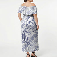 Hawaii Plumeria Lokelani Pikake Lei Off Shoulder Maxi Dress Navy Blue Polynesian Tattoo LT9 - Polynesian Pride