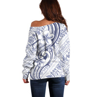 Hawaii Plumeria Lokelani Pikake Lei Off Shoulder Sweater Navy Blue Polynesian Tattoo