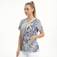 Hawaii Plumeria Lokelani Pikake Lei Scrub Top Navy Blue Polynesian Tattoo