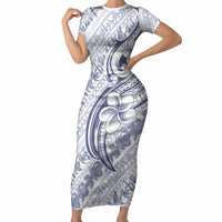 Hawaii Plumeria Lokelani Pikake Lei Short Sleeve Bodycon Dress Navy Blue Polynesian Tattoo LT9 Long Dress Navy Blue - Polynesian Pride
