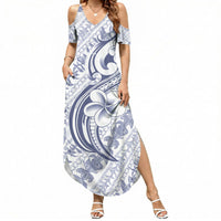 Hawaii Plumeria Lokelani Pikake Lei Summer Maxi Dress Navy Blue Polynesian Tattoo LT9 Women Navy Blue - Polynesian Pride