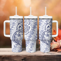 Hawaii Plumeria Lokelani Pikake Lei Tumbler With Handle Navy Blue Polynesian Tattoo