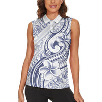 Hawaii Plumeria Lokelani Pikake Lei Women Sleeveless Polo Shirt Navy Blue Polynesian Tattoo