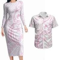 Hawaii Plumeria Lokelani Pikake Lei Couples Matching Long Sleeve Bodycon Dress and Hawaiian Shirt Poni Mama Polynesian Tattoo LT9 Pink - Polynesian Pride