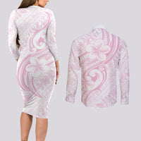 Hawaii Plumeria Lokelani Pikake Lei Couples Matching Long Sleeve Bodycon Dress and Long Sleeve Button Shirt Poni Mama Polynesian Tattoo