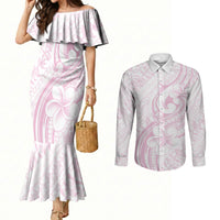 Hawaii Plumeria Lokelani Pikake Lei Couples Matching Mermaid Dress and Long Sleeve Button Shirt Poni Mama Polynesian Tattoo LT9 Pink - Polynesian Pride