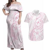 Hawaii Plumeria Lokelani Pikake Lei Couples Matching Off Shoulder Maxi Dress and Hawaiian Shirt Poni Mama Polynesian Tattoo