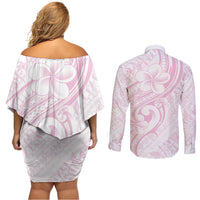 Hawaii Plumeria Lokelani Pikake Lei Couples Matching Off Shoulder Short Dress and Long Sleeve Button Shirt Poni Mama Polynesian Tattoo