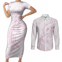 Hawaii Plumeria Lokelani Pikake Lei Couples Matching Short Sleeve Bodycon Dress and Long Sleeve Button Shirt Poni Mama Polynesian Tattoo LT9 Pink - Polynesian Pride