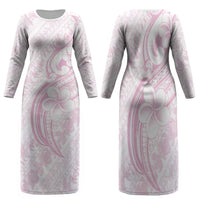 Hawaii Plumeria Lokelani Pikake Lei Family Matching Long Sleeve Bodycon Dress and Hawaiian Shirt Poni Mama Polynesian Tattoo LT9 Mom's Dress Pink - Polynesian Pride