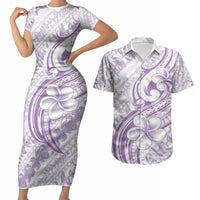 Hawaii Plumeria Lokelani Pikake Lei Couples Matching Short Sleeve Bodycon Dress and Hawaiian Shirt Poni Polynesian Tattoo LT9 Purple - Polynesian Pride