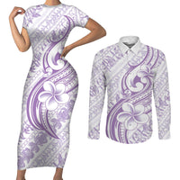 Hawaii Plumeria Lokelani Pikake Lei Couples Matching Short Sleeve Bodycon Dress and Long Sleeve Button Shirt Poni Polynesian Tattoo LT9 Purple - Polynesian Pride
