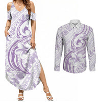 Hawaii Plumeria Lokelani Pikake Lei Couples Matching Summer Maxi Dress and Long Sleeve Button Shirt Poni Polynesian Tattoo LT9 Purple - Polynesian Pride