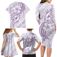 Hawaii Plumeria Lokelani Pikake Lei Family Matching Long Sleeve Bodycon Dress and Hawaiian Shirt Poni Polynesian Tattoo LT9 Mom's Dress Purple - Polynesian Pride