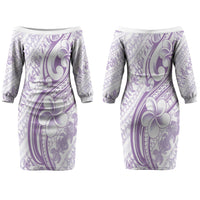 Hawaii Plumeria Lokelani Pikake Lei Family Matching Off The Shoulder Long Sleeve Dress and Hawaiian Shirt Poni Polynesian Tattoo LT9 Mom's Dress Purple - Polynesian Pride