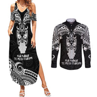 New Zealand Te Reo Maori Couples Matching Summer Maxi Dress and Long Sleeve Button Shirts Kia Kaha Maori Language Week Black Style LT9 Black - Polynesian Pride