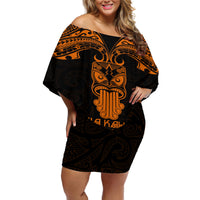 Personalised New Zealand Te Reo Maori Off Shoulder Short Dress Kia Kaha Maori Language Week Gold Style LT9 Women Gold - Polynesian Pride