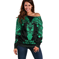 Personalised New Zealand Te Reo Maori Off Shoulder Sweater Kia Kaha Maori Language Week Green Style LT9 Women Green - Polynesian Pride