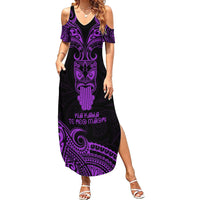 Personalised New Zealand Te Reo Maori Family Matching Summer Maxi Dress and Hawaiian Shirt Kia Kaha Maori Language Week Purple Style LT9 Mom's Dress Purple - Polynesian Pride