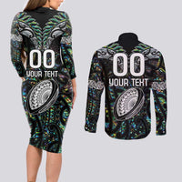 Custom New Zealand Couples Matching Long Sleeve Bodycon Dress and Long Sleeve Button Shirt Maori Rugby Tattoo Papua Shell