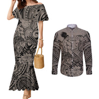 Beauty and The Warrior Polynesian Valentine Couples Matching Mermaid Dress and Long Sleeve Button Shirt Hibiscus FLowers Brown Style LT9 Brown - Polynesian Pride