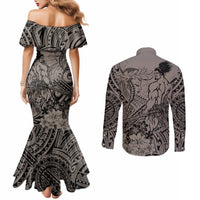 Beauty and The Warrior Polynesian Valentine Couples Matching Mermaid Dress and Long Sleeve Button Shirt Hibiscus FLowers Brown Style LT9 - Polynesian Pride