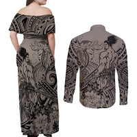 Beauty and The Warrior Polynesian Valentine Couples Matching Off Shoulder Maxi Dress and Long Sleeve Button Shirt Hibiscus FLowers Brown Style LT9 - Polynesian Pride