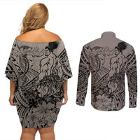 Beauty and The Warrior Polynesian Valentine Couples Matching Off Shoulder Short Dress and Long Sleeve Button Shirt Hibiscus FLowers Brown Style LT9 - Polynesian Pride