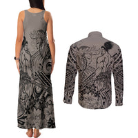 Beauty and The Warrior Polynesian Valentine Couples Matching Tank Maxi Dress and Long Sleeve Button Shirt Hibiscus FLowers Brown Style LT9 - Polynesian Pride