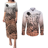 Beauty and The Warrior Polynesian Valentine Couples Matching Puletasi Dress and Long Sleeve Button Shirt Hibiscus FLowers Orange Style LT9 Orange - Polynesian Pride