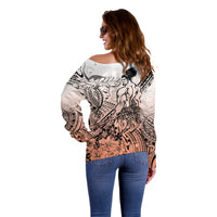 Beauty and The Warrior Polynesian Valentine Off Shoulder Sweater Hibiscus FLowers Orange Style LT9 - Polynesian Pride