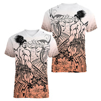 Beauty and The Warrior Polynesian Valentine Women V Neck T Shirt Hibiscus FLowers Orange Style LT9 - Polynesian Pride