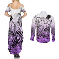 Beauty and The Warrior Polynesian Valentine Couples Matching Summer Maxi Dress and Long Sleeve Button Shirt Hibiscus FLowers Purple Style LT9 - Polynesian Pride